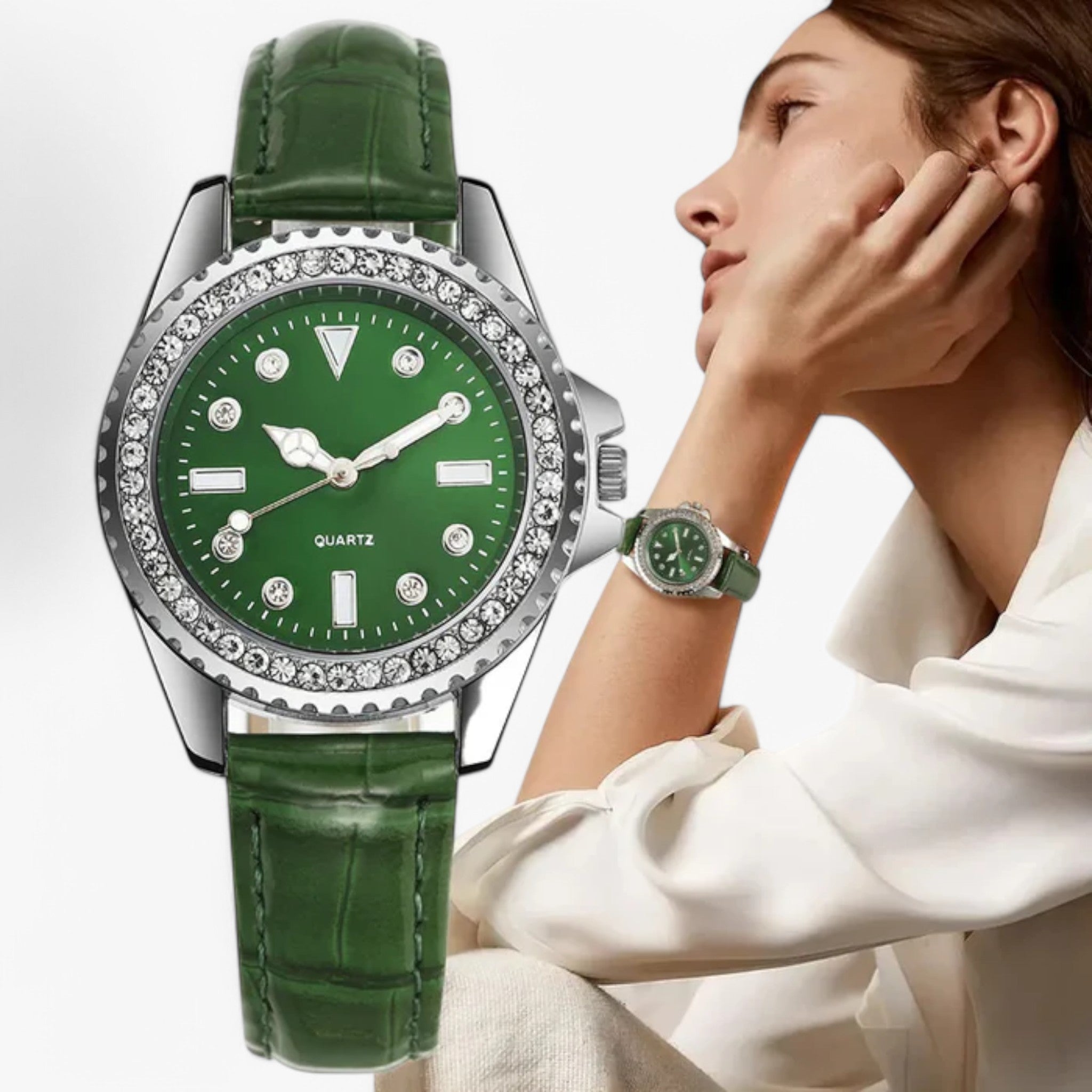 Gemma | Groen leren horloge met sprankelende diamanten