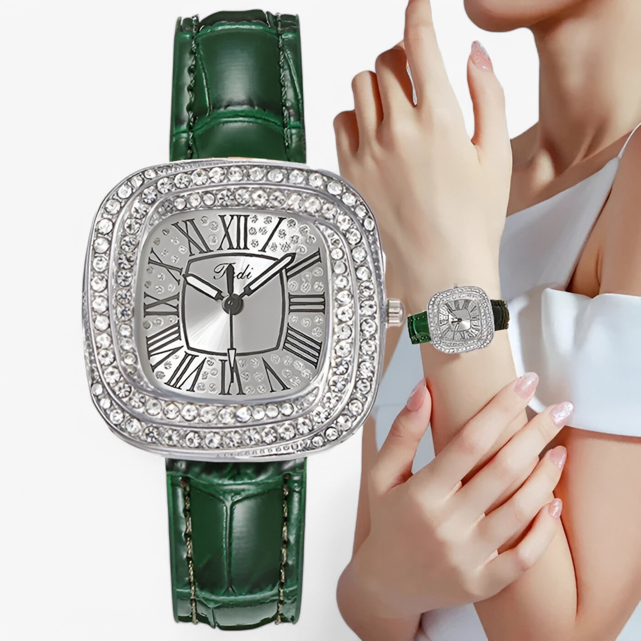 Stella – Elegant dameshorloge met groene leren diamanten
