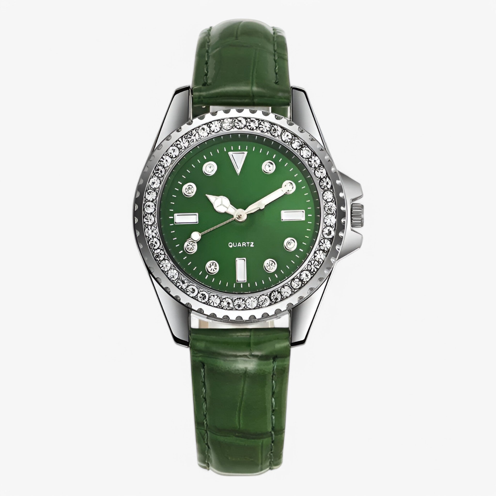 Dalia | Dameshorloge met groene leren band en diamantaccenten