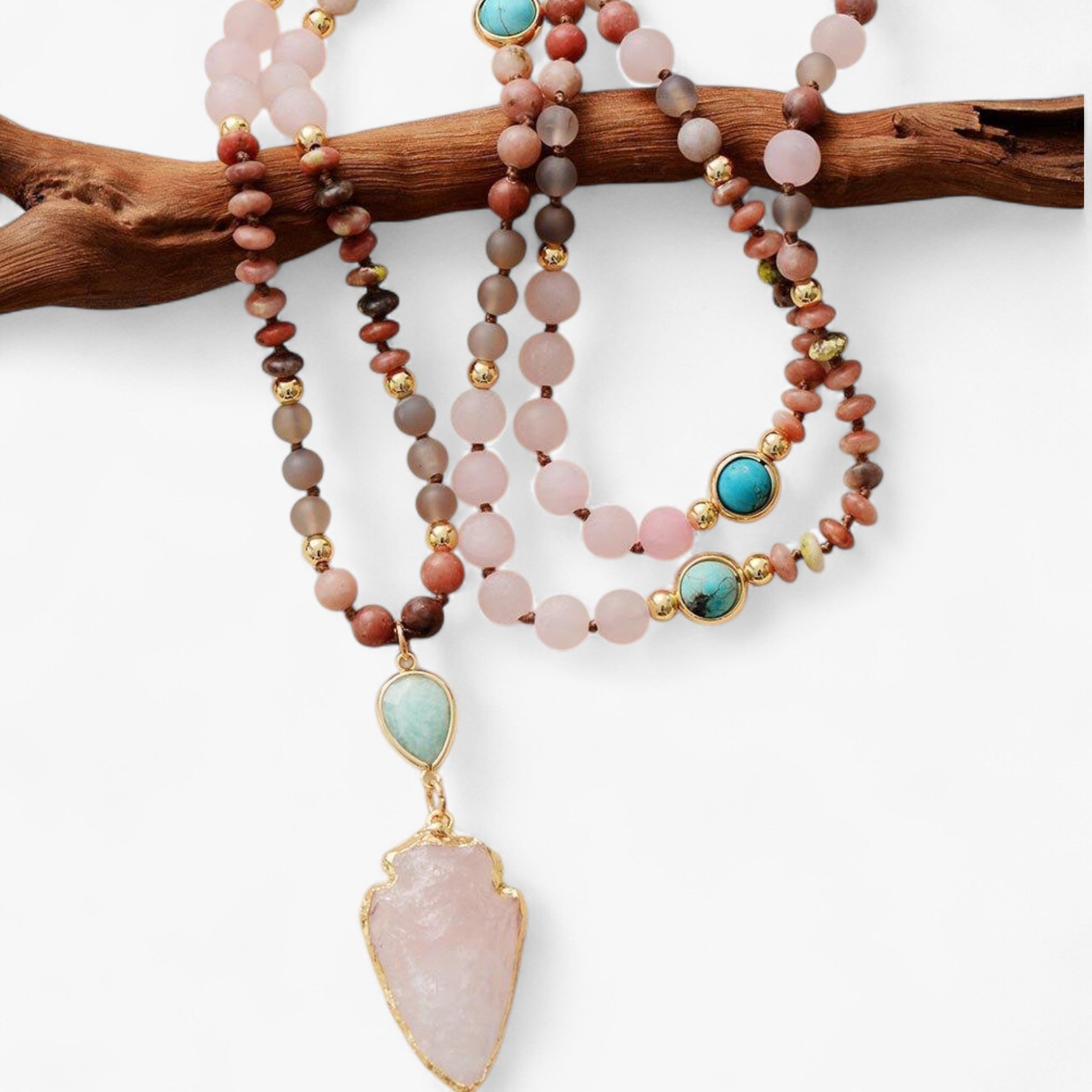 Beschermende ketting met rozenkwarts, amazoniet en jaspis