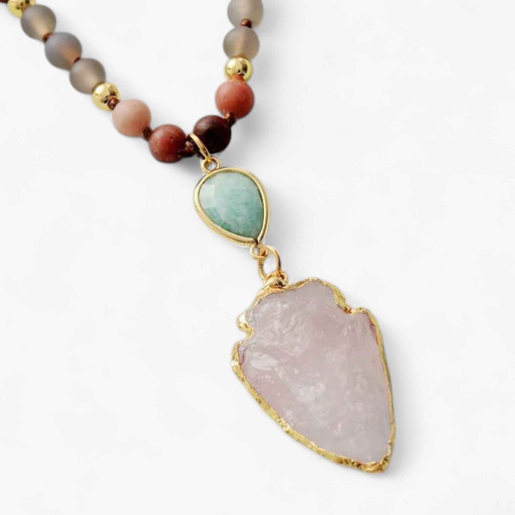 Beschermende ketting met rozenkwarts, amazoniet en jaspis