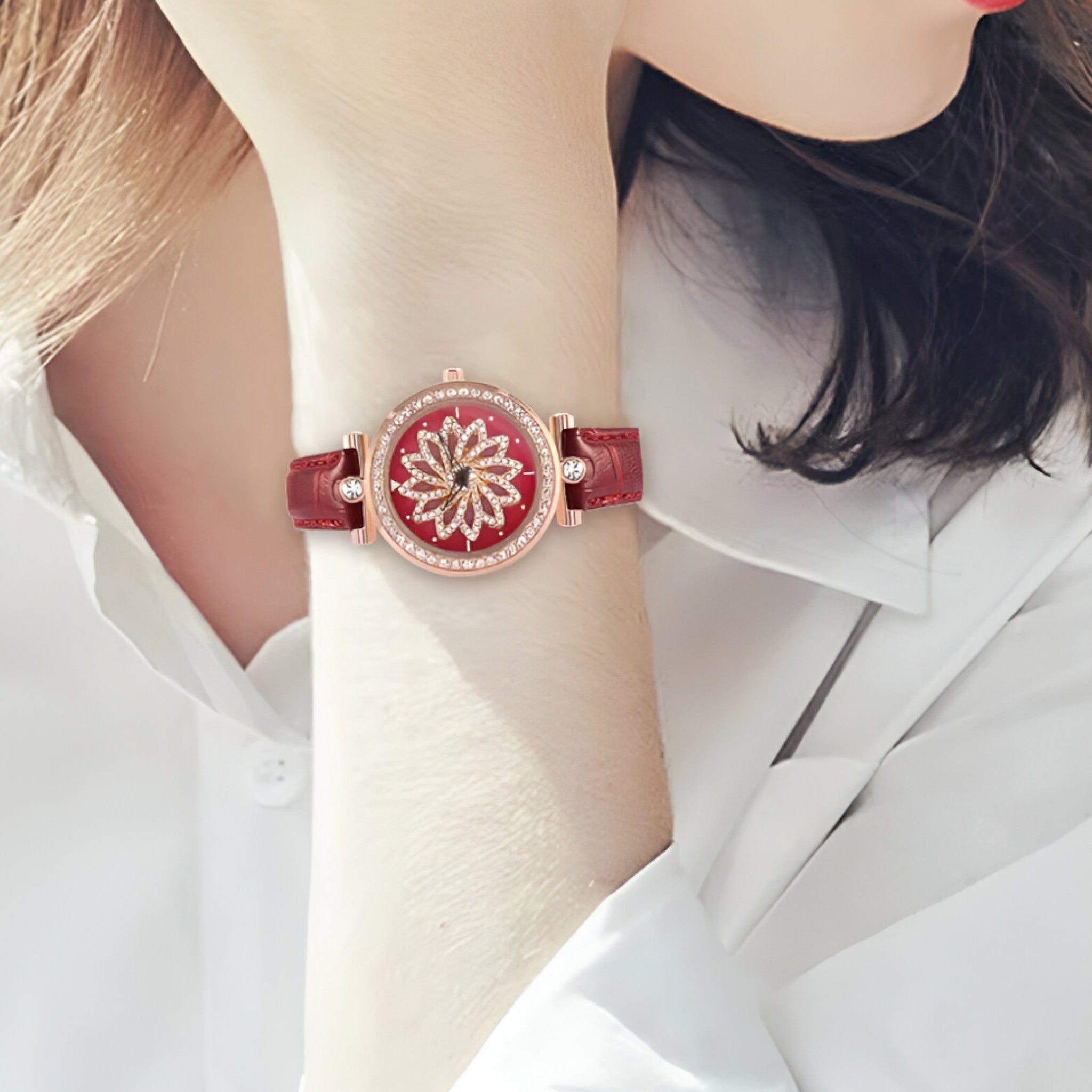 Brenda | Dameshorloge met roterende bloemenwijzerplaat en elegante mesh band