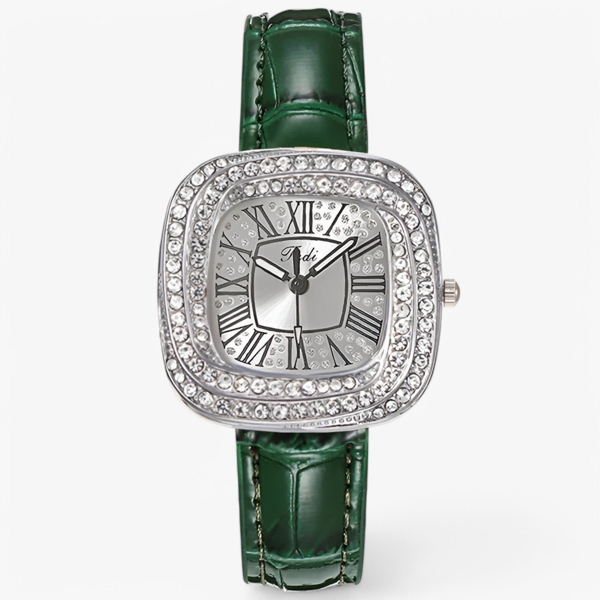 Stella – Elegant dameshorloge met groene leren diamanten