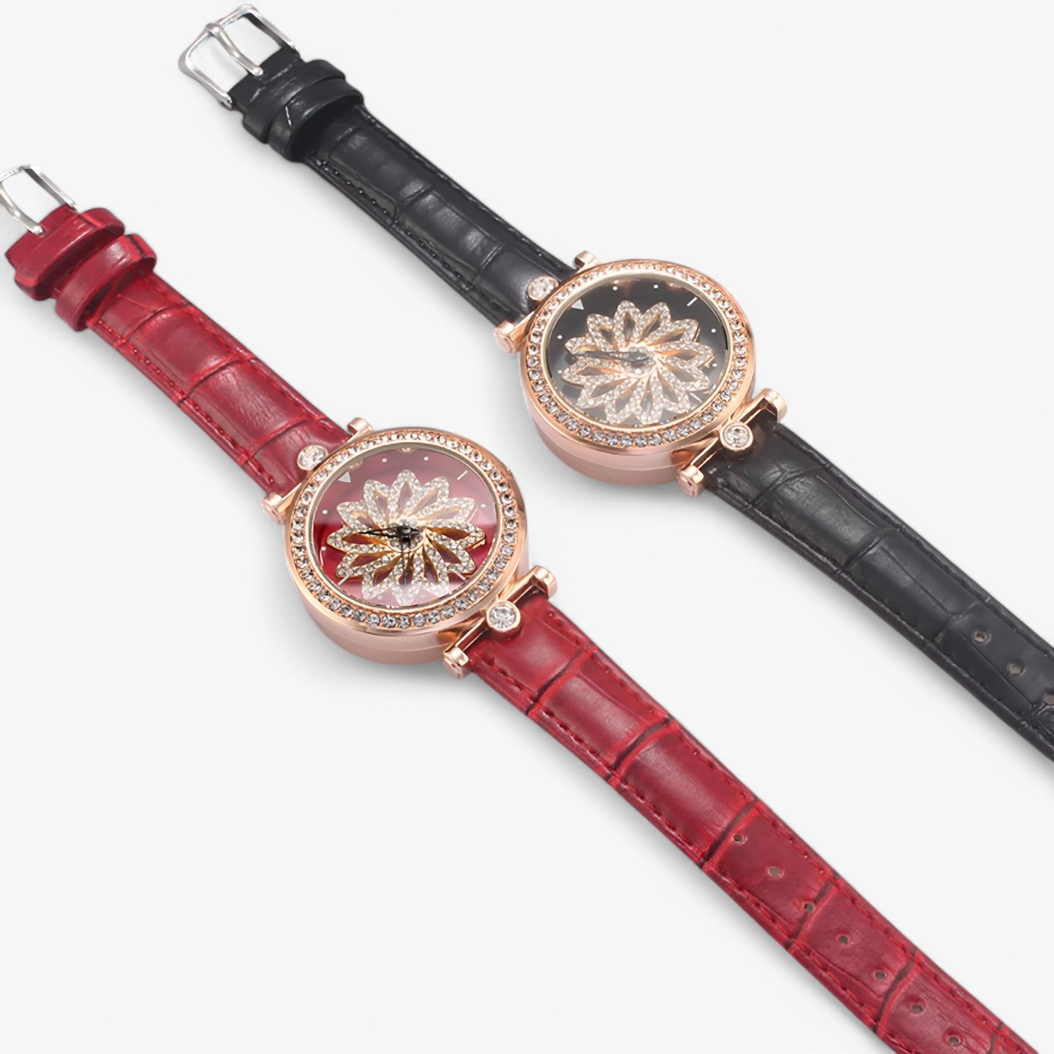 Brenda | Dameshorloge met roterende bloemenwijzerplaat en elegante mesh band
