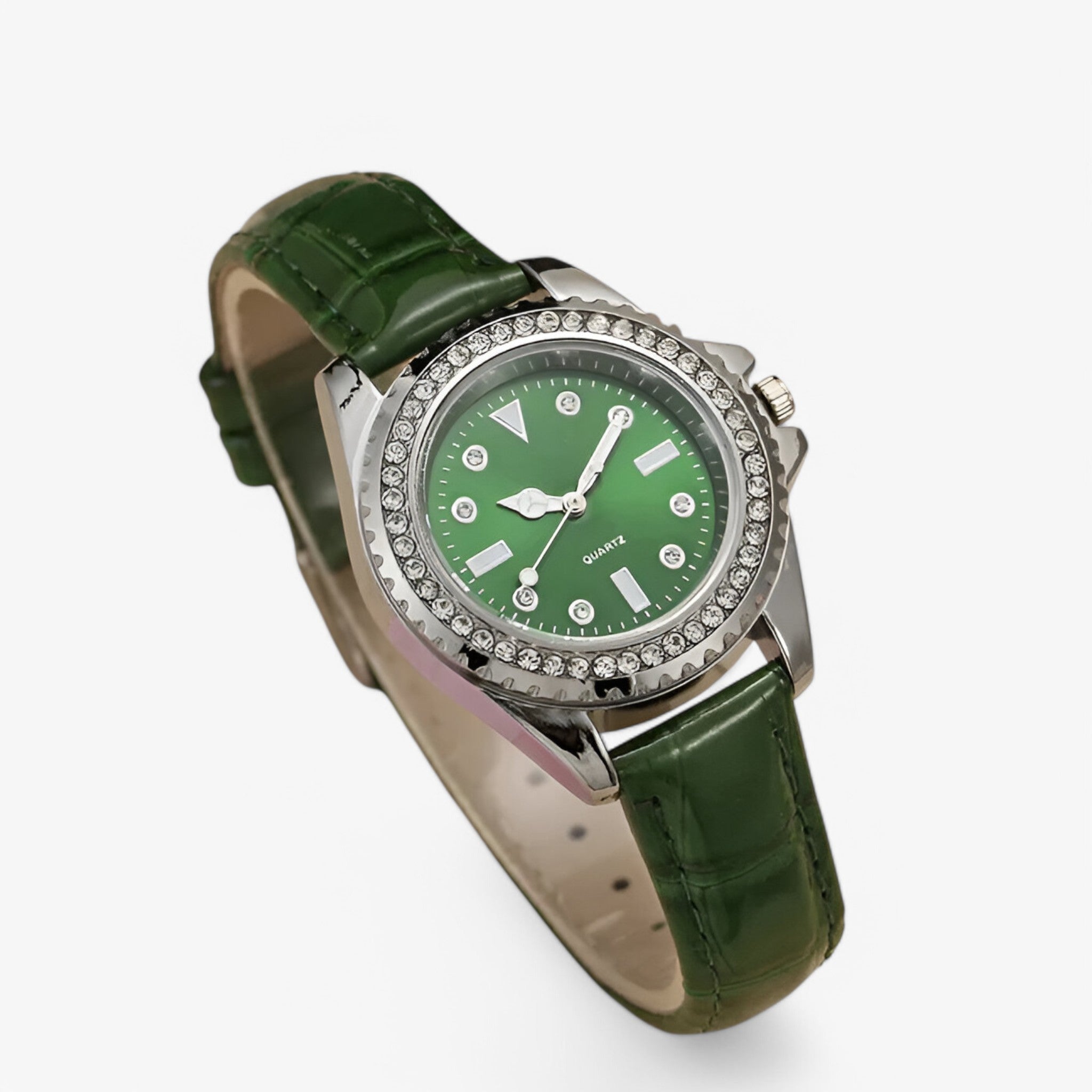 Dalia | Dameshorloge met groene leren band en diamantaccenten