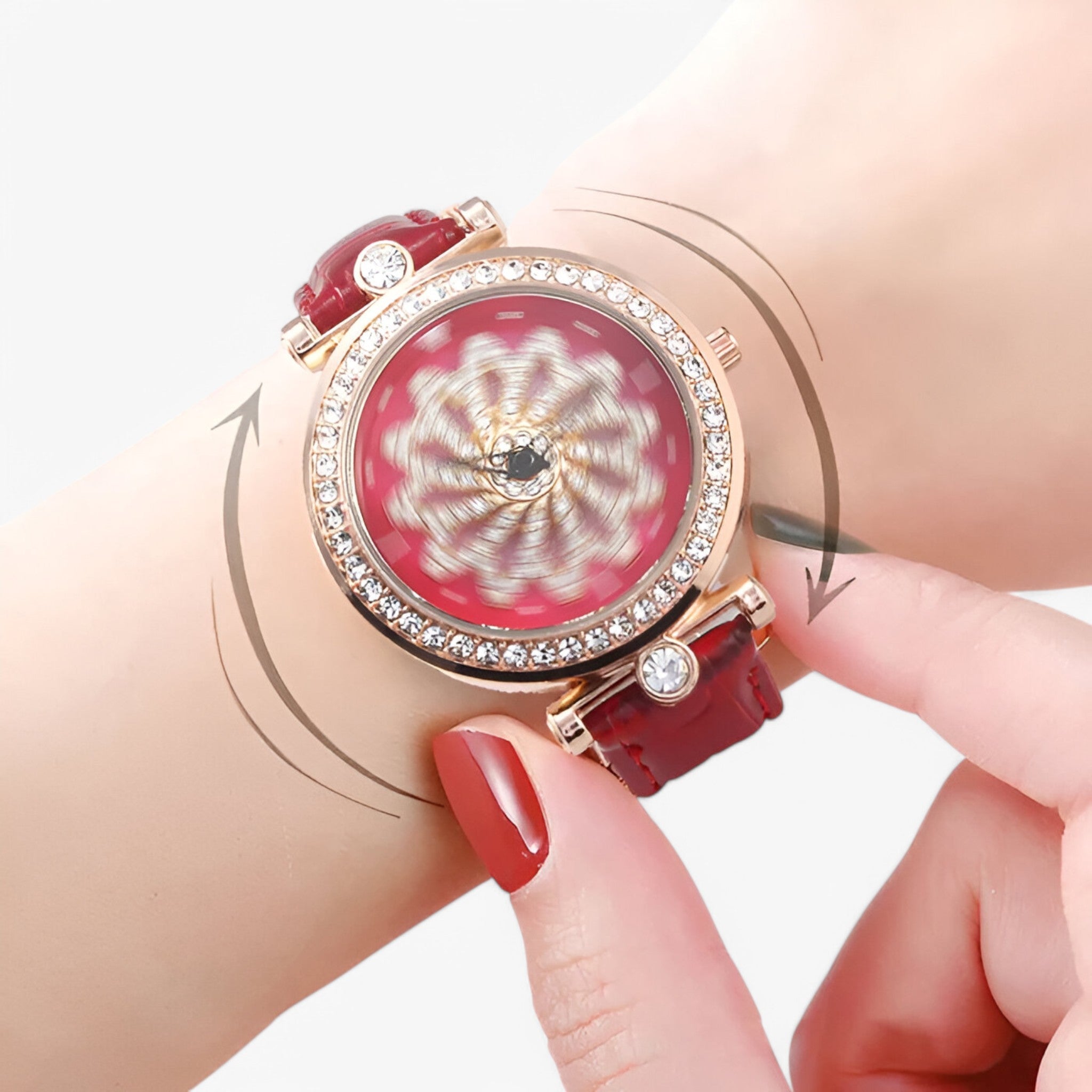 Brenda | Dameshorloge met roterende bloemenwijzerplaat en elegante mesh band