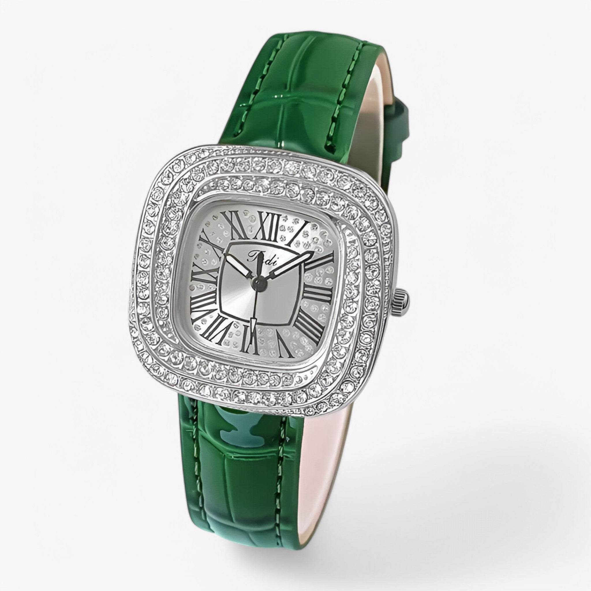 Stella – Elegant dameshorloge met groene leren diamanten