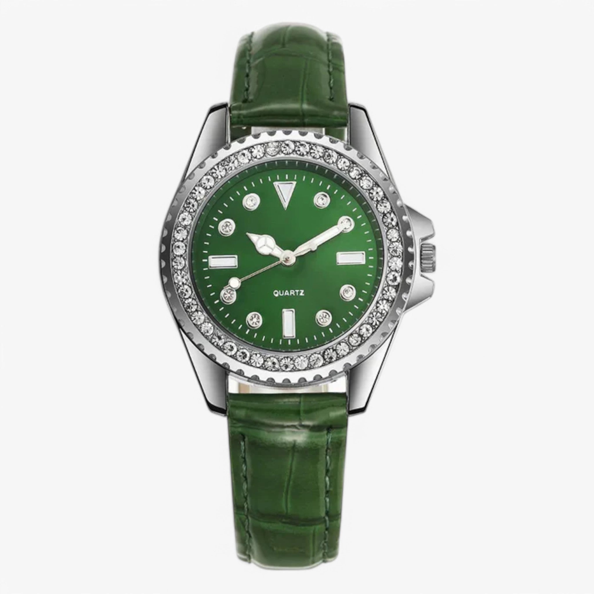 Gemma | Groen leren horloge met sprankelende diamanten